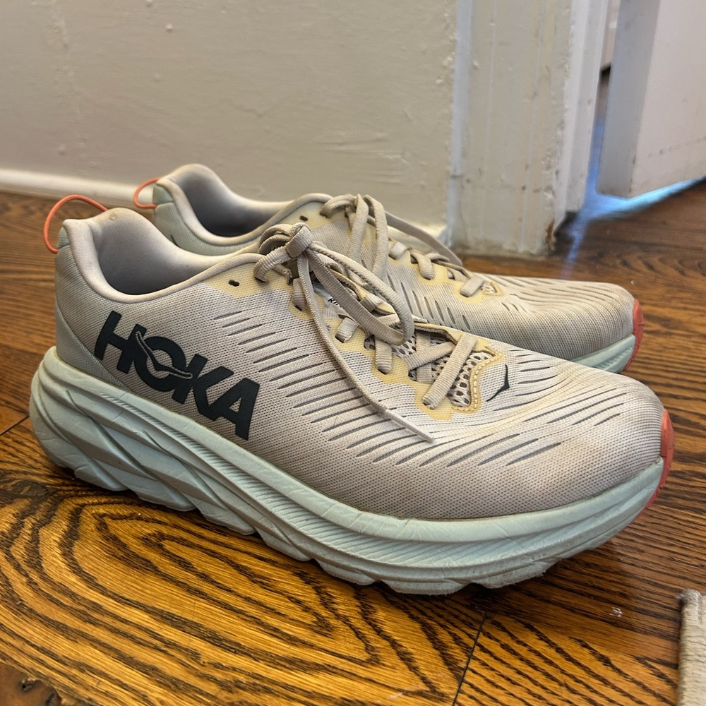 Hoka Cream and Light Blue Athletic Shoes